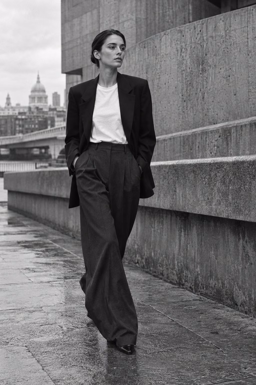 Relaxed monochrome tailoring worn on a city walk